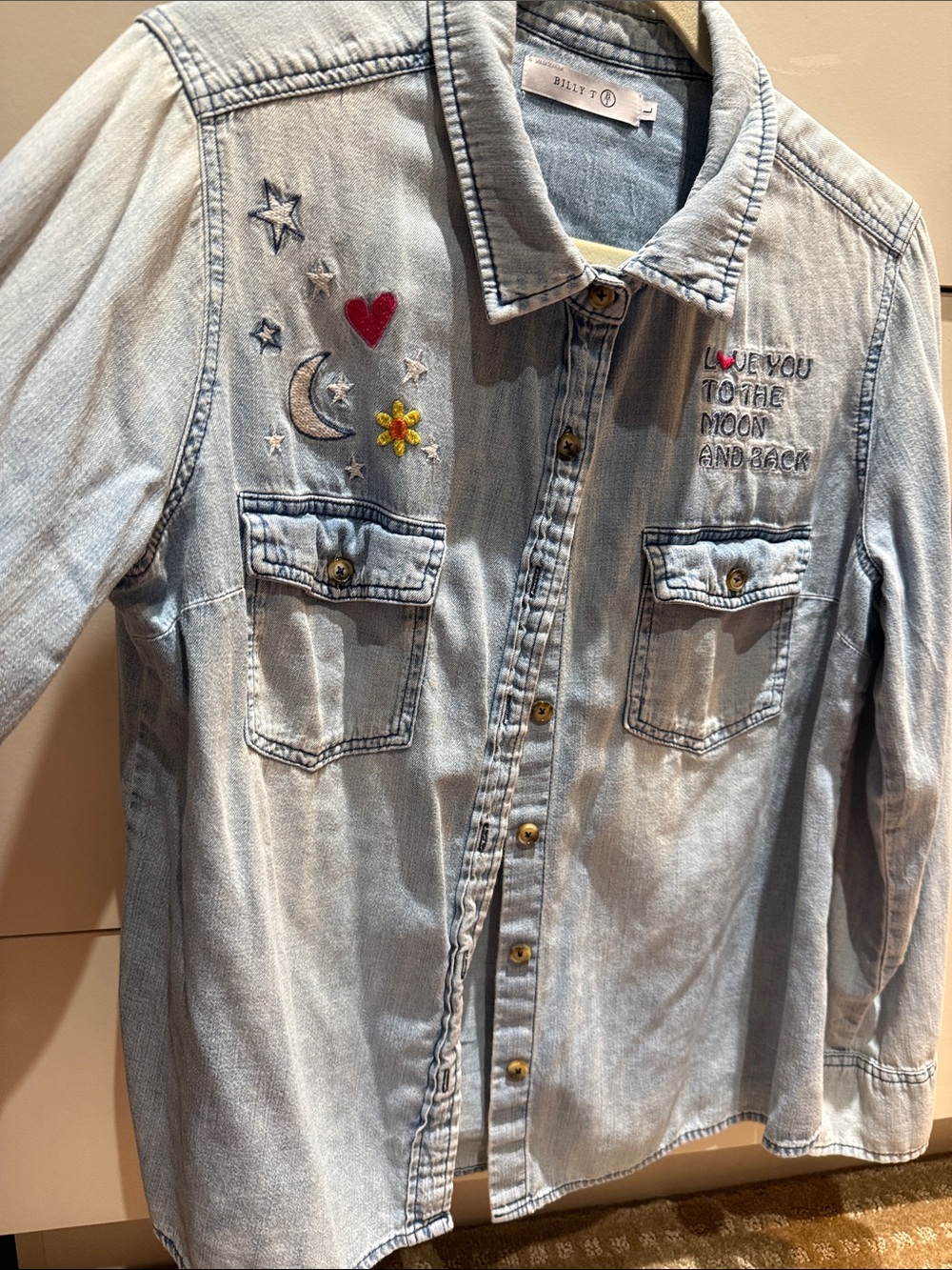 BIllyT Blue Denim Kids' Button-Up Shirt Jacket with Moon & Heart Embroidery